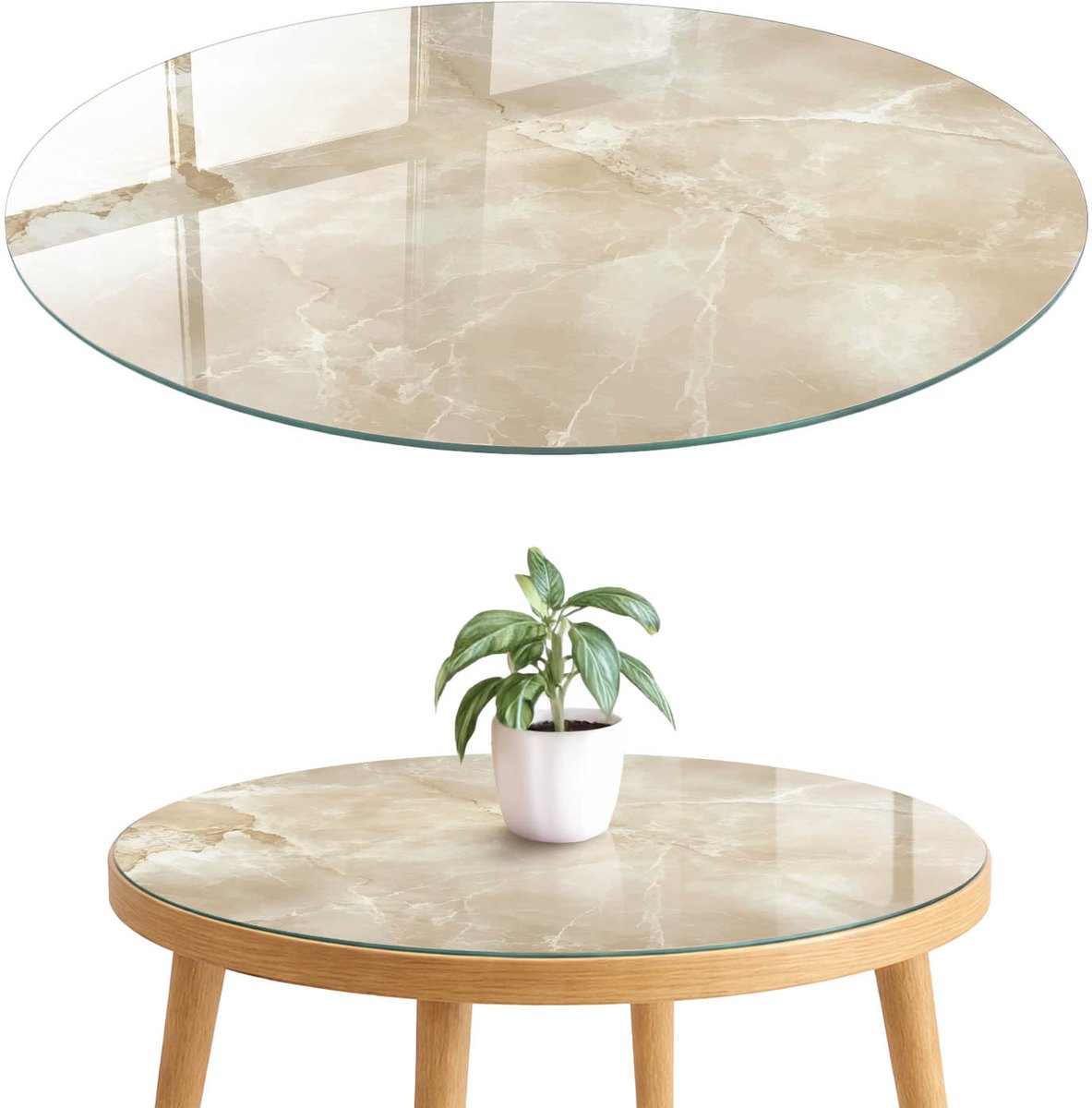 ArtPrintCave Crème marmer Glazen Tafelblad fi70 cm - Tafelblad Rond - Romig Glazen Eettafel - Texturen Eettafel Met Glasplaat