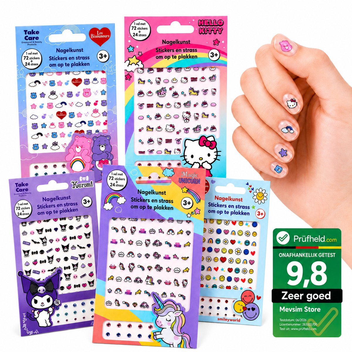 Nagelstickers Kinderen Mix Set - Nail Art Stickers voor Meisjes - 72 Stickers + 24 Steentjes - Hello Kitty, Kuromi, Unicorn, Smiley, Les Bisounours - Officieel Gelicentieerd