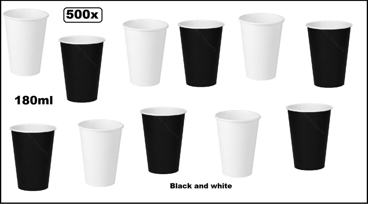 500x Koffie beker Black and white 180cc - karton - Zwart en wit limonade koffie beker festival thema feest verjaardag werk lepel