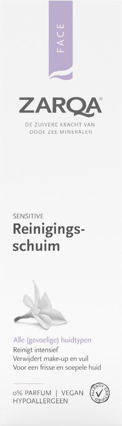 ZARQA Reinigingsschuim Sensitive. Met een afbeelding van een witte bloem. 0% PARFUM, VEGAN, HYPOALLERGEEN.