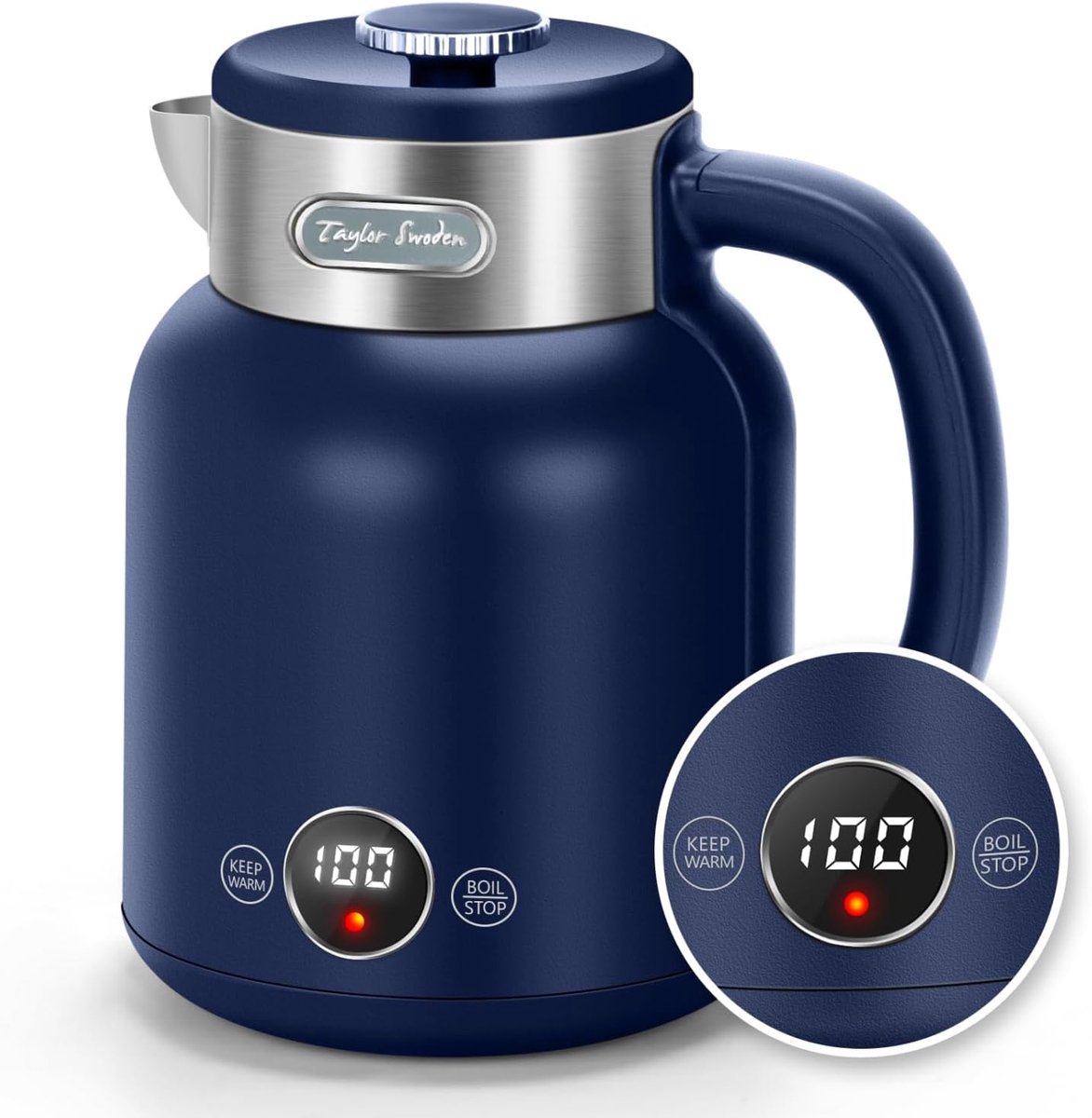 SnelShoppen - Retro waterkoker met koude aanraking, dubbelwandig roestvrij staal, 2200 W, 1,7 liter, temperatuurinstelling, led-display, 1 uur warm ho