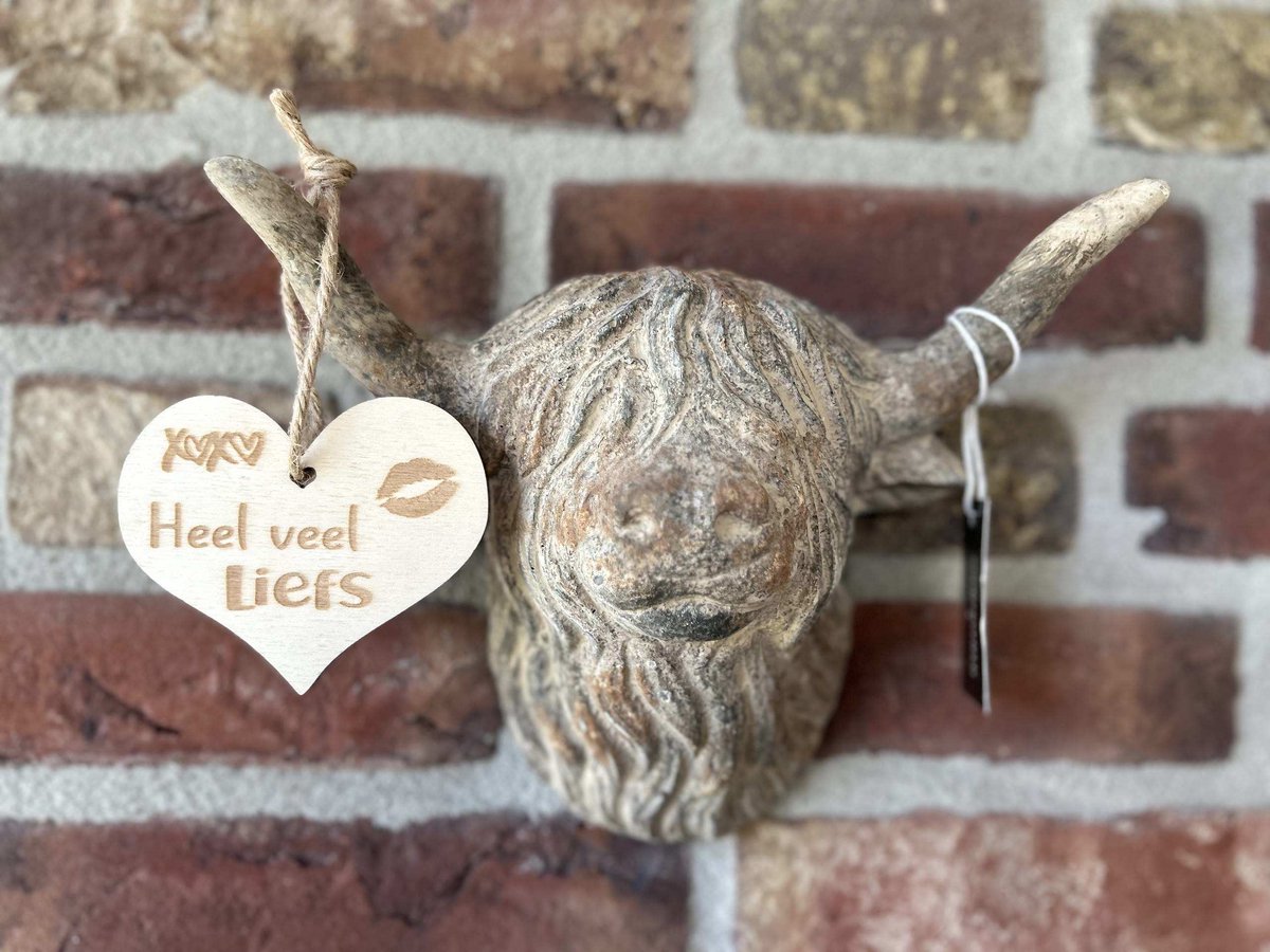 Creaties van hier – met houten hartje - Stenen Hooglander hangend - 23x20cm