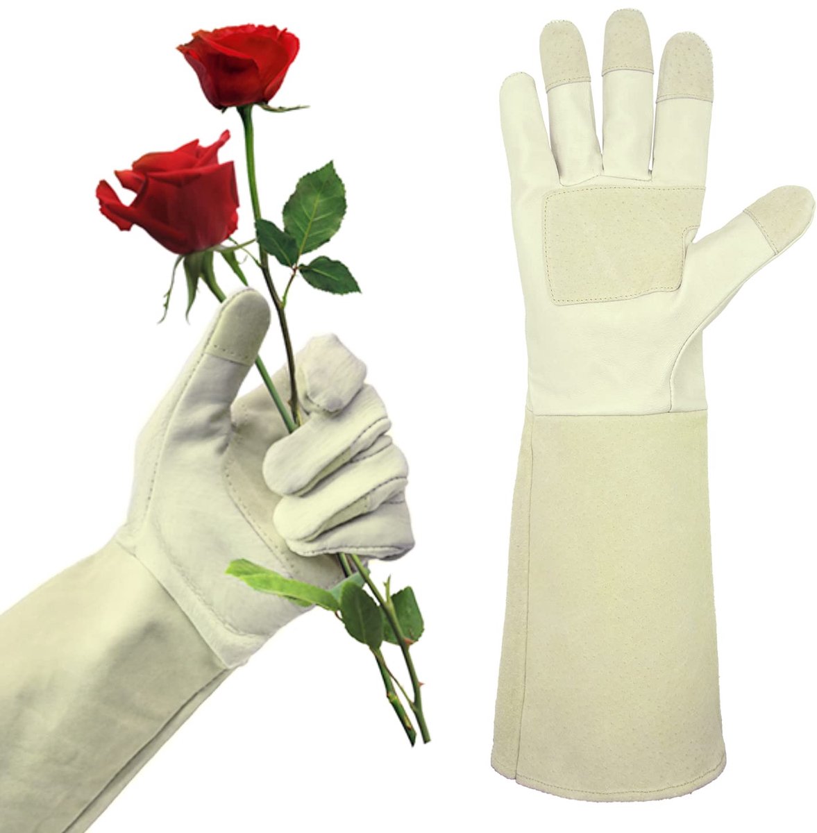 SnelShoppen - Lange Rozen Snoeihandschoenen, Thorn Bestendig, Pigskin Leer, Beige, Unisex, Tuinieren, Bescherming tot de Elleboog