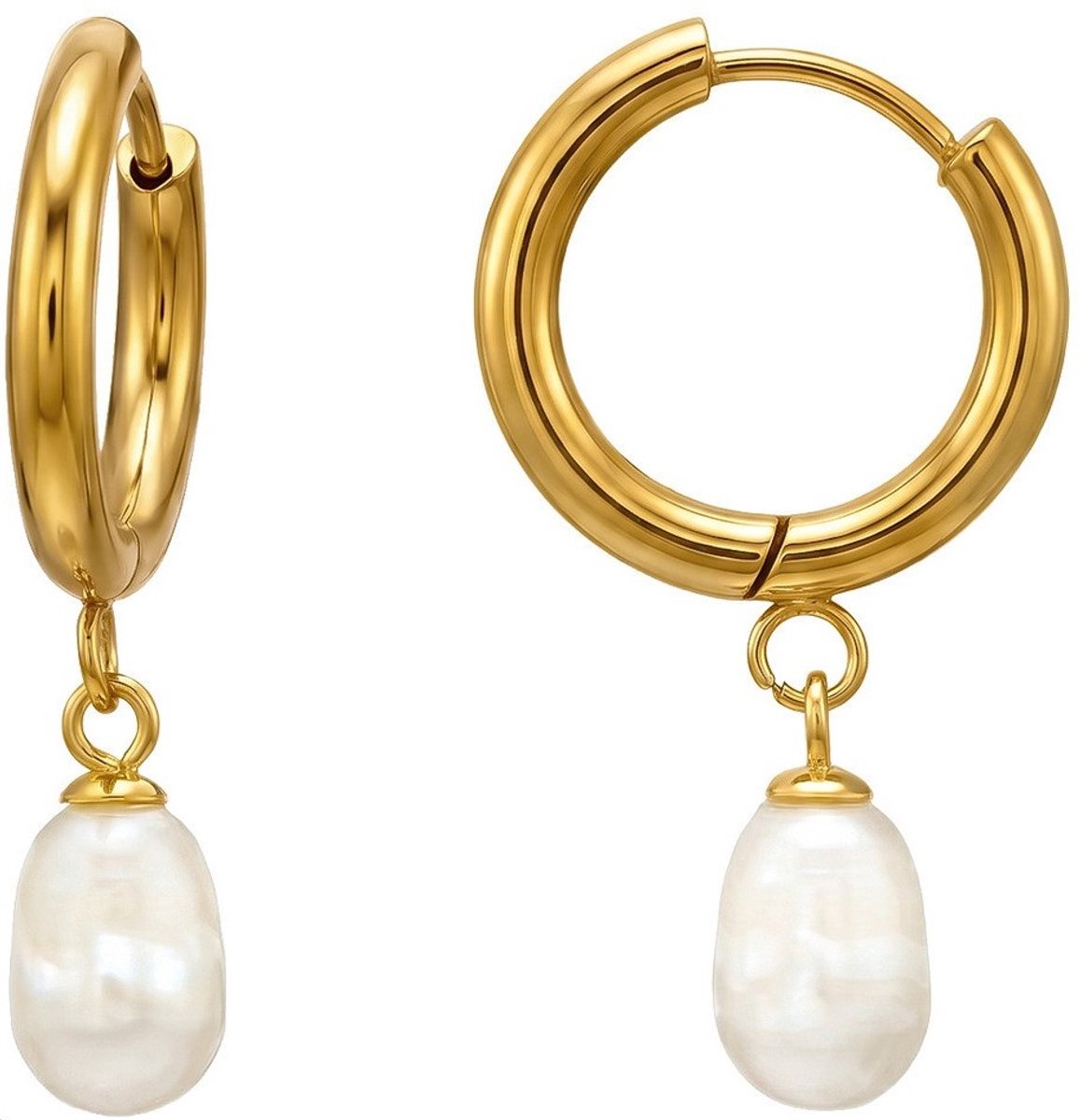 Joy Ibiza - parel oorbellen - pearl wit bedel oorringen - 16 mm met klap scharnier sluiting - zoet water parel - ear party boho - bohemian style - chirurgisch staal - ip/pvd goldplated t67