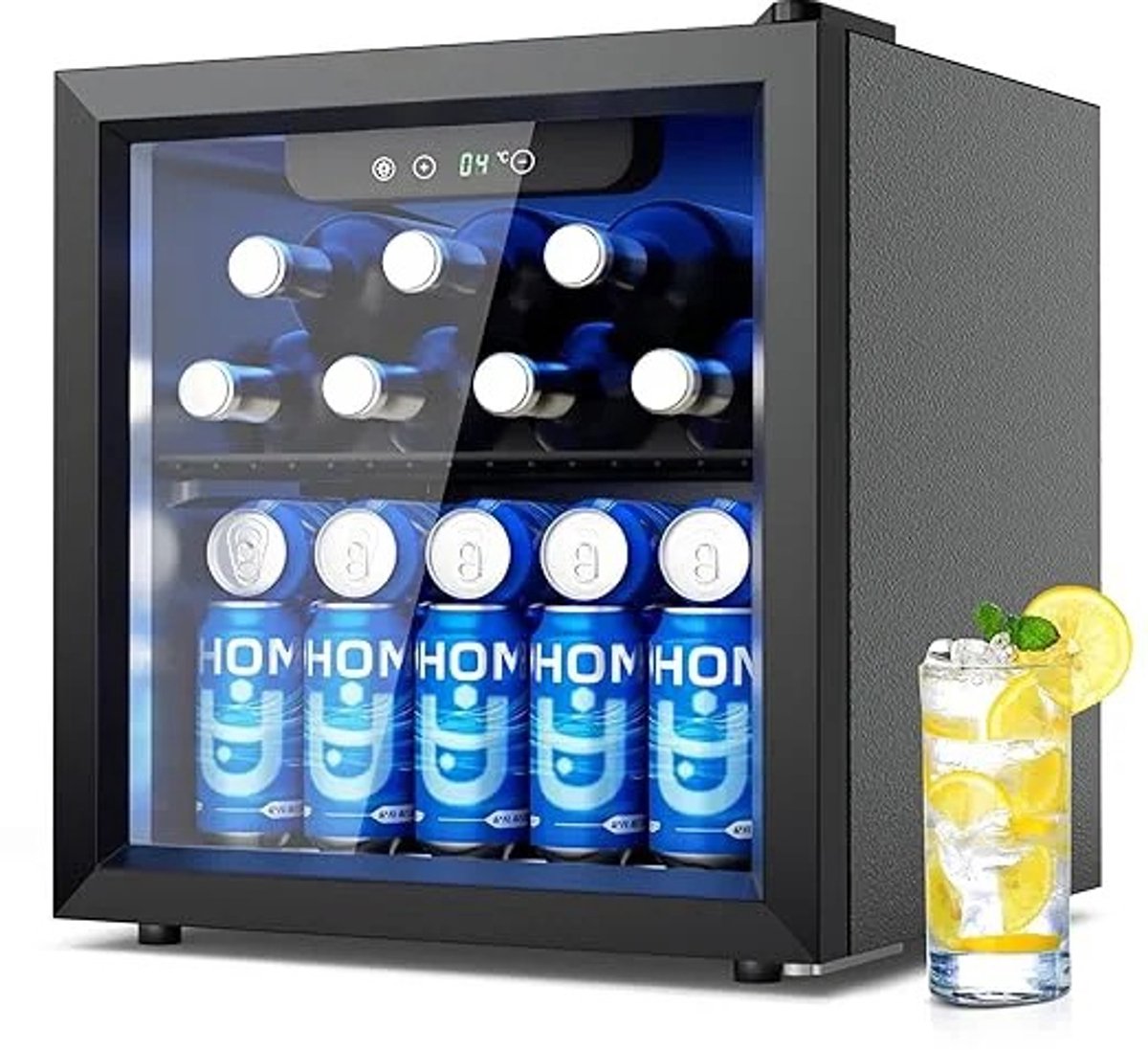 Joorly Mini Koelkast - Minibar - Drankkoelkast met glazen deur - Minibar voor 55 blikjes - met LED en temperatuurregeling - Wijn en bier koelkast - 43×41×47 cm - Zwart- RVS