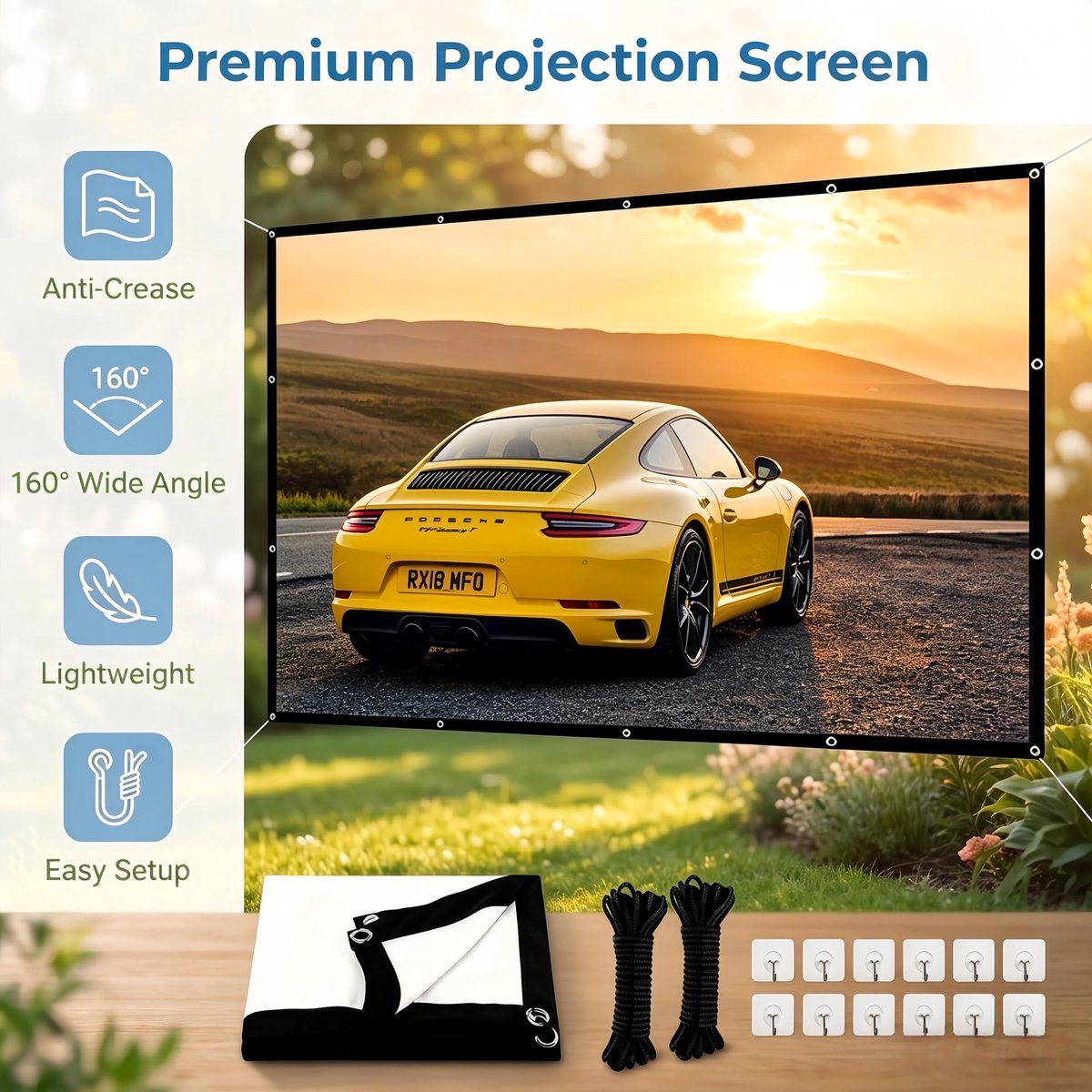 SnelShoppen - Beamer 120 inch (16:9) HD-opvouwbaar, kreukvrij dubbelzijdig projectieoppervlak, robuust afwasbaar canvas voor thuisbioscoop, school, ve