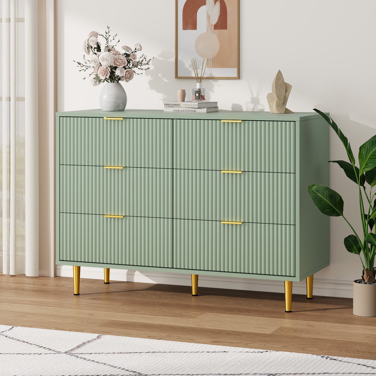 ladenkast met 6 laden, 100×40×75 cm – geribbeld golvend front, goudkleurige metalen handgrepen en poten, inclusief kantelbeveiliging, geschikt voor slaapkamer, woonkamer en gang