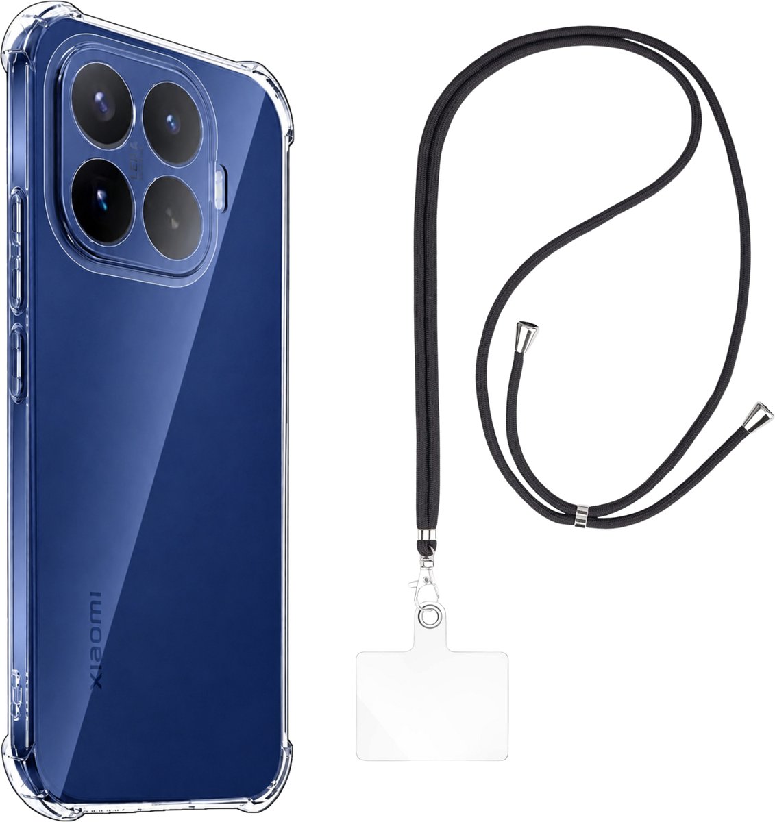 Set met hoesje en nekband voor Xiaomi 17T Pro - Flexibele, transparante TPU-bescherming, verstelbare universele nekband voor mobiele telefoons, zwarte nekband, transparante draagriem van Phonillico®