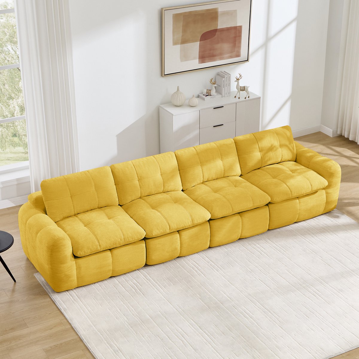 4-Zits Bank, 4-Zits Frameloze Modulaire Bank, Met Een Heerlijk Zachte, Huidvriendelijke Chenille Bekleding, 32D Schuim Met Hoge Dichtheid, Brede En Diepe Zitplaatsen, Montagevrij, Ideaal Voor Woonkamers En Appartementen,Geel