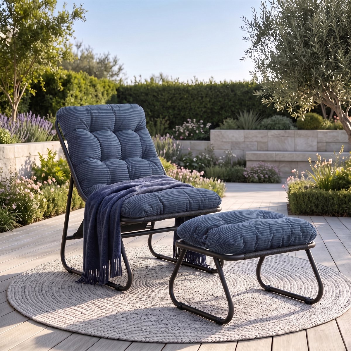 Intebiki Loungestoel met poef 65 x 78 x 86 cm - Met Voetenbank En Dikke Kussens - Voor Woonkamer En Balkon - Donkerblauw