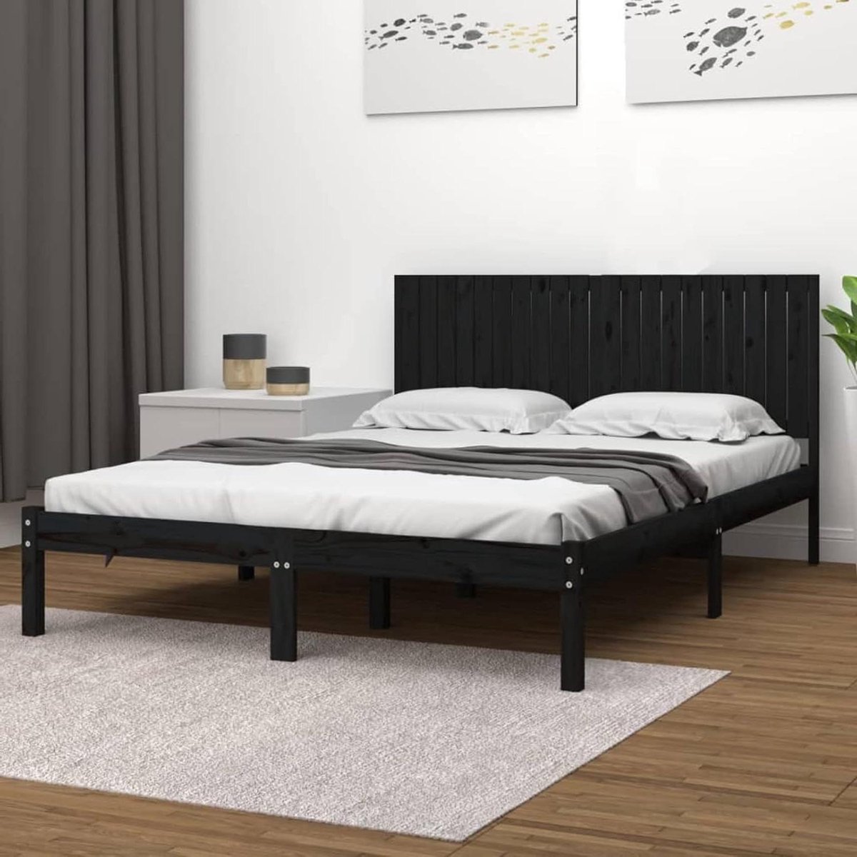 Houten Bedframe - Massief Hout Bed - Slaapkamer Inrichten - Robuuste Stabiele Structuur - 200 x 200 cm - Zwart