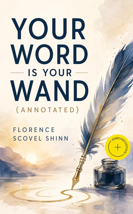 Livre "Your Word Is Your Wand", avec une plume, un encrier et un paysage.