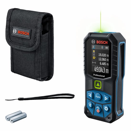 Bosch Professional laser afstandsmeter met display, inclusief etui en batterijen. Afstand 49.043 m.