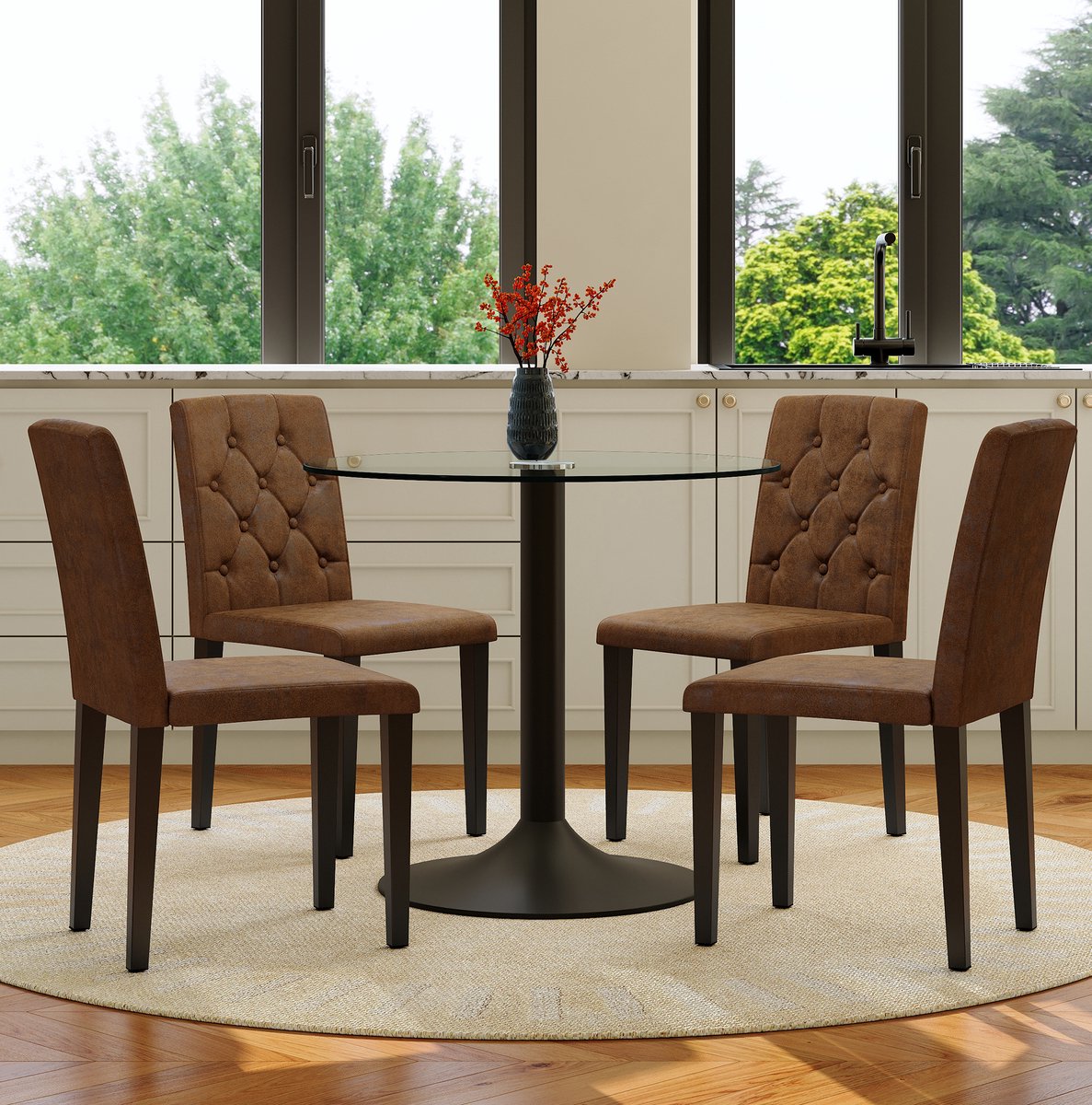 REDOM - Glazen eettafelset met 4 stoelen - Ronde tafel van gehard glas - Zwarte metalen voet - Retro bruine bekleding - Modern minimalistisch - Eetkamer - Glas, metaal en kunststof - 85 cm