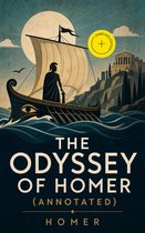 Boekomslag van 'The Odyssey of Homer' met een antiek Grieks schip met zeil en roeiers, een figuur met helm, op zee voor een klif met gebouwen. De tekst 'ENRICHED EDITION' staat in een gele cirkel.