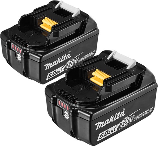 Twee zwarte Makita 18V 5.0Ah LXT accu's met gele en grijze accenten.