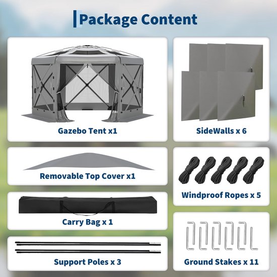Triumpunpre Pop-up Tuinpaviljoen Zeshoekig 3,6x3,6m - Opvouwbare Partytent Gazebo met 6 Afneembare Zijwanden & Muggengaas - 210D Polyester Waterafstotend UV-Beschermd - Inclusief Opbergtas - Grijs — afbeelding 2