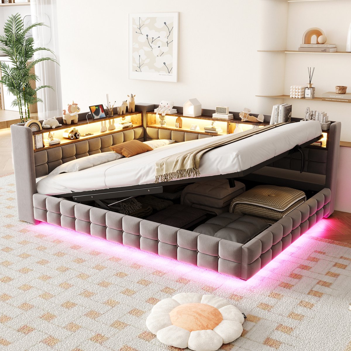 FloraGrace Bed 140x200 Cm - Bed Met Opbergruimte, LED Verlichting, USB En Type-C Oplaadpunten - Velours - Lichtgrijs - Zonder Matras