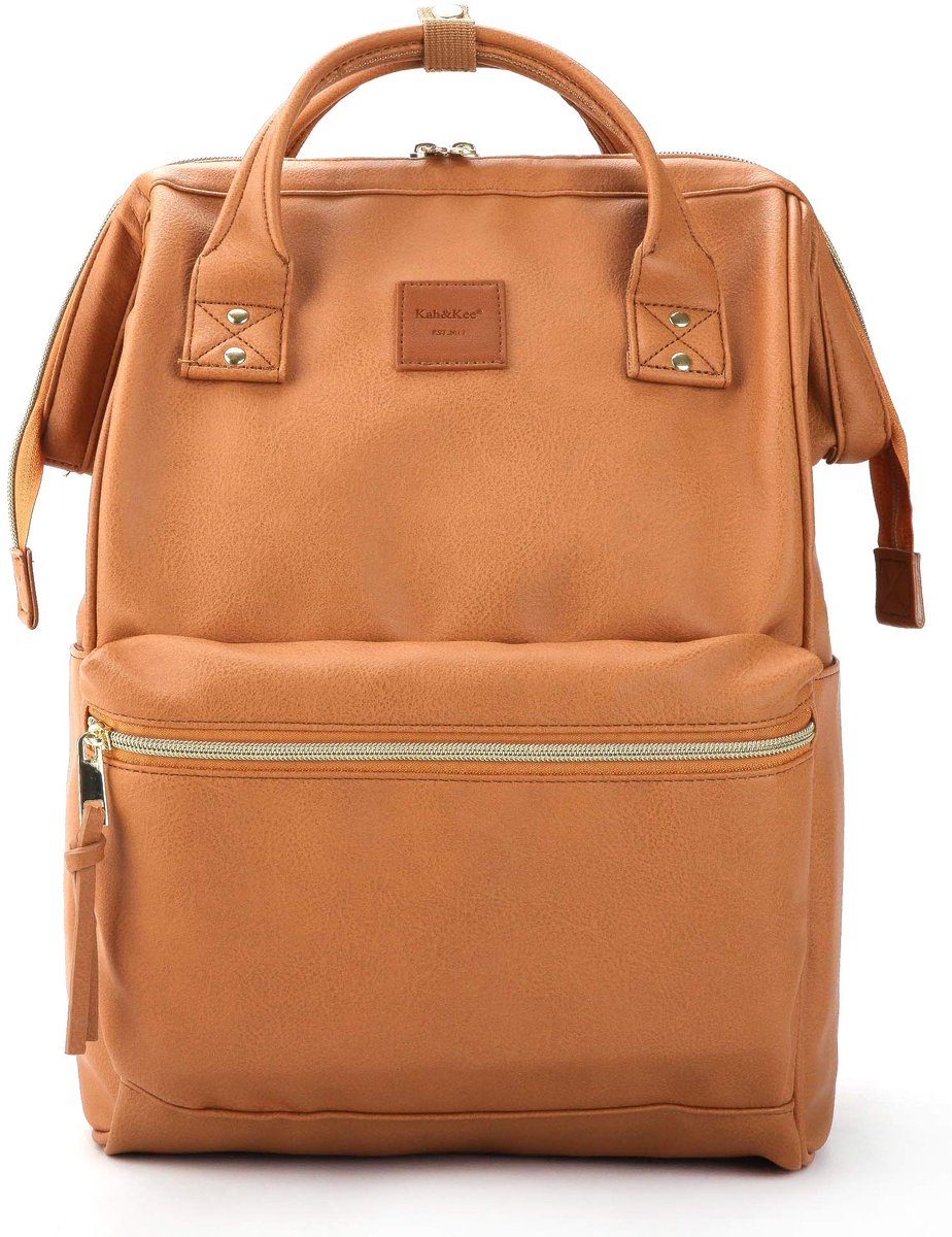 SnelShoppen - Grote Camel Beige Lederen Rugzak voor Laptop, Notebook, School en Reizen - Waterdichte Faux Lederen Luiertas voor Vrouwen en Mannen