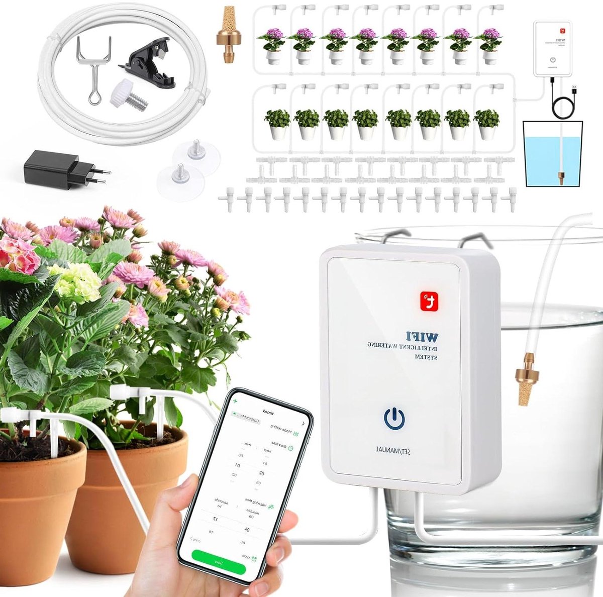 Automatisch Bewateringssysteem - Druppelirrigatie Kit - Planten Verzorgen - Wifi App Besturing - 12 Meter - Wit