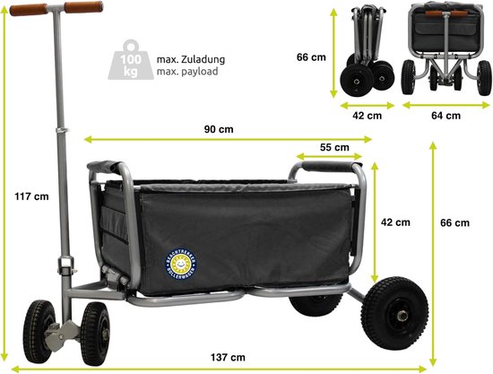 SnelShoppen - Beachtrekker Vouwbare Handkar met Rem + Zonnenscherm (Zwart, Luchtbanden) voor Camping, Strand, Tuin en Kinderen van Snelshoppen — afbeelding 5