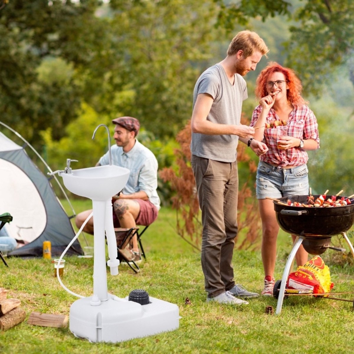 Camping Wasbak Draagbaar Met Voetpomp En Wieltjes 51 x 33,5 x 103 cm HDPE Wit Voor Buiten En Reiniging