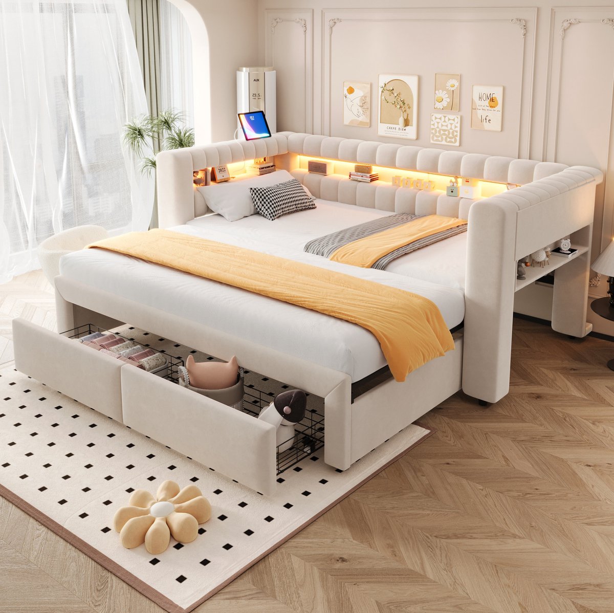 FloraGrace Slaapbank Bed 90 x 190 cm - Uitschuifbaar Naar 180 x 190 cm - Met Opbergruimte, Lades, LED en USB - Beige - Zonder matras