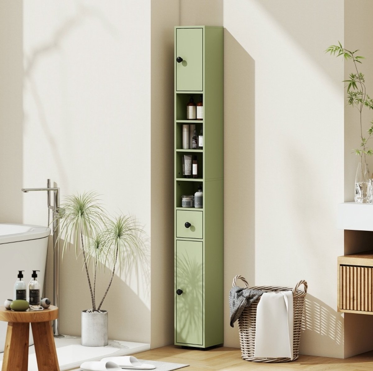 COVREO Badkamerkast 20x20x180 cm groen, hout met lade en open vakken