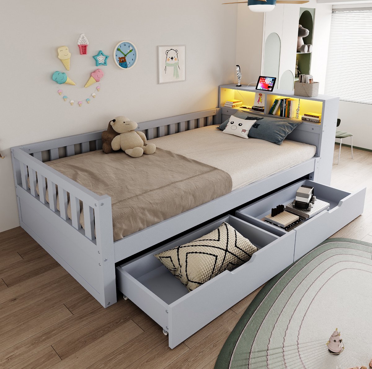 FloraGrace Bed 90 x 200 cm - Multifunctioneel Eenpersoonsbed met Ledverlichting en Stopcontact - Met Opbergruimte en Lade - Grijs - Zonder Matras