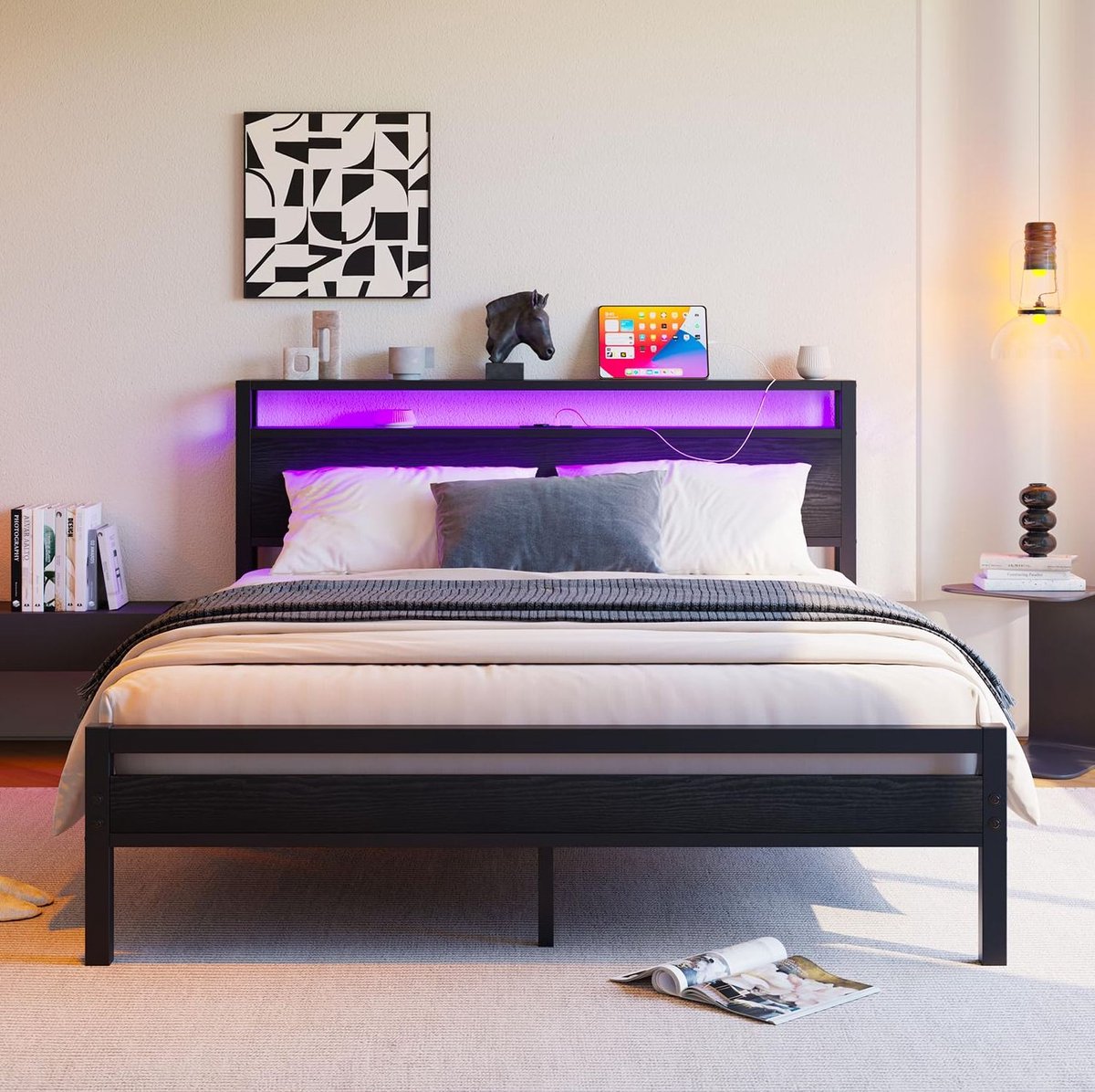 FloraGrace Bed 140x190 cm Zonder Matras - Met Opbergruimte, LED Verlichting En USB-C Oplaadfunctie - Metalen Bedframe - Zwart
