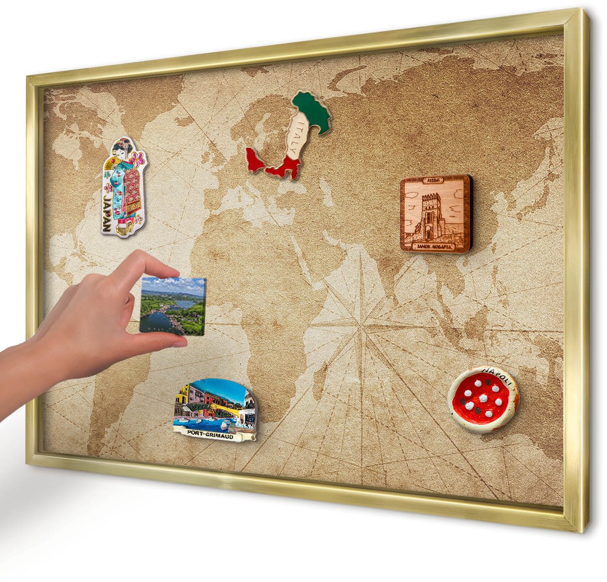 Artprintcave Beige Magneetbord mit Gouden Frame - 60x40 cm - Oude Kaart Magneetbord Voor Keuken - Vintage Magnetisch Bord - Kaarten