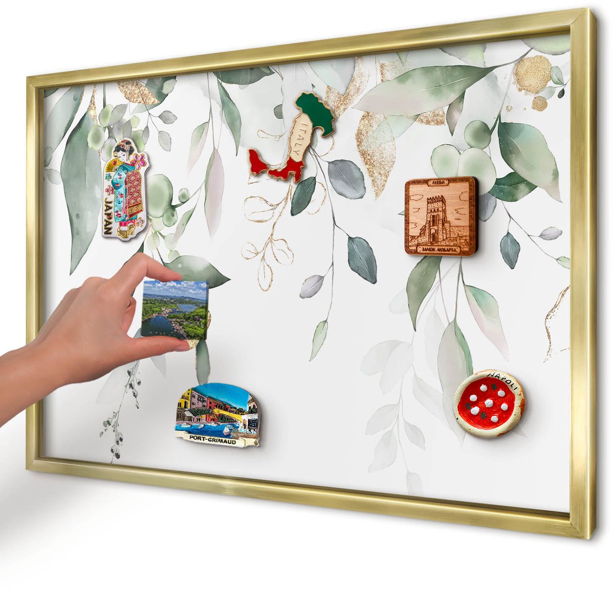 Artprintcave Groente Magneetbord mit Gouden Frame - 60x40 cm - Groene Bladeren Bord Voor Magneten - Waterverf Magnetisch Bord - Bloemen En Planten