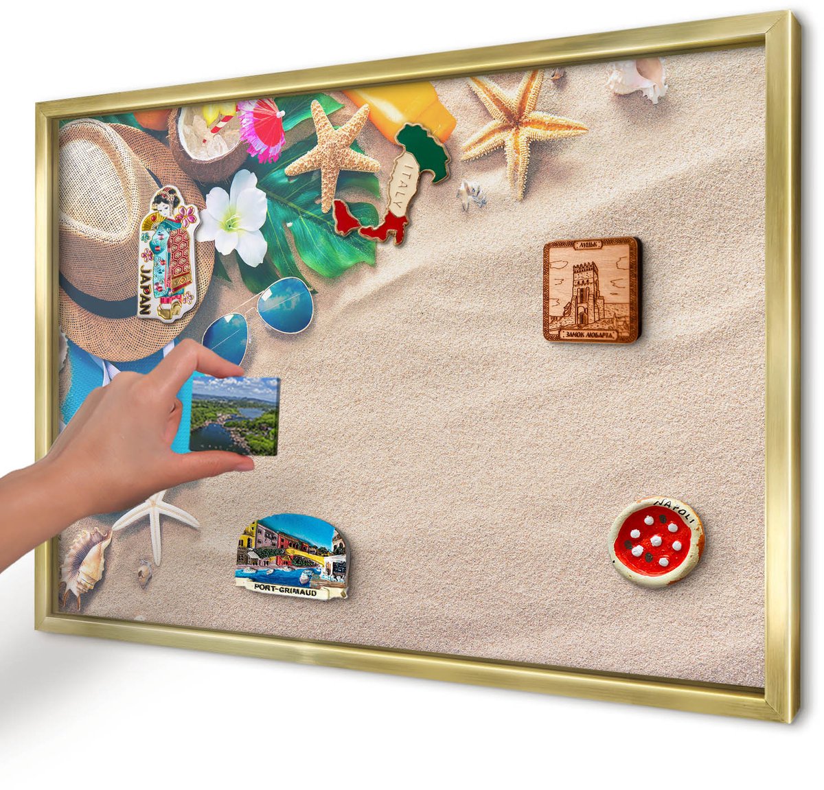 Artprintcave Beige Magneetbord mit Gouden Frame - 60x40 cm - Zomerse Ontspanning Magneet Bord mit Frame - Fotografisch Magneetbord Voor Keuken - Natuur