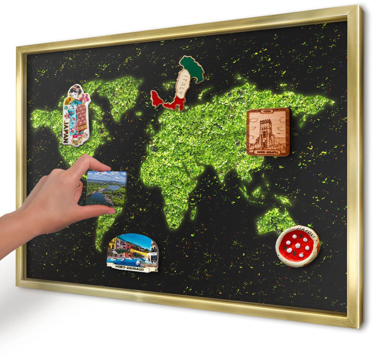 Artprintcave Groente Magneetbord mit Gouden Frame - 60x40 cm - Groene Kaart Magneetbord Voor Keuken - Abstract Magneet Bord mit Frame - Natuur