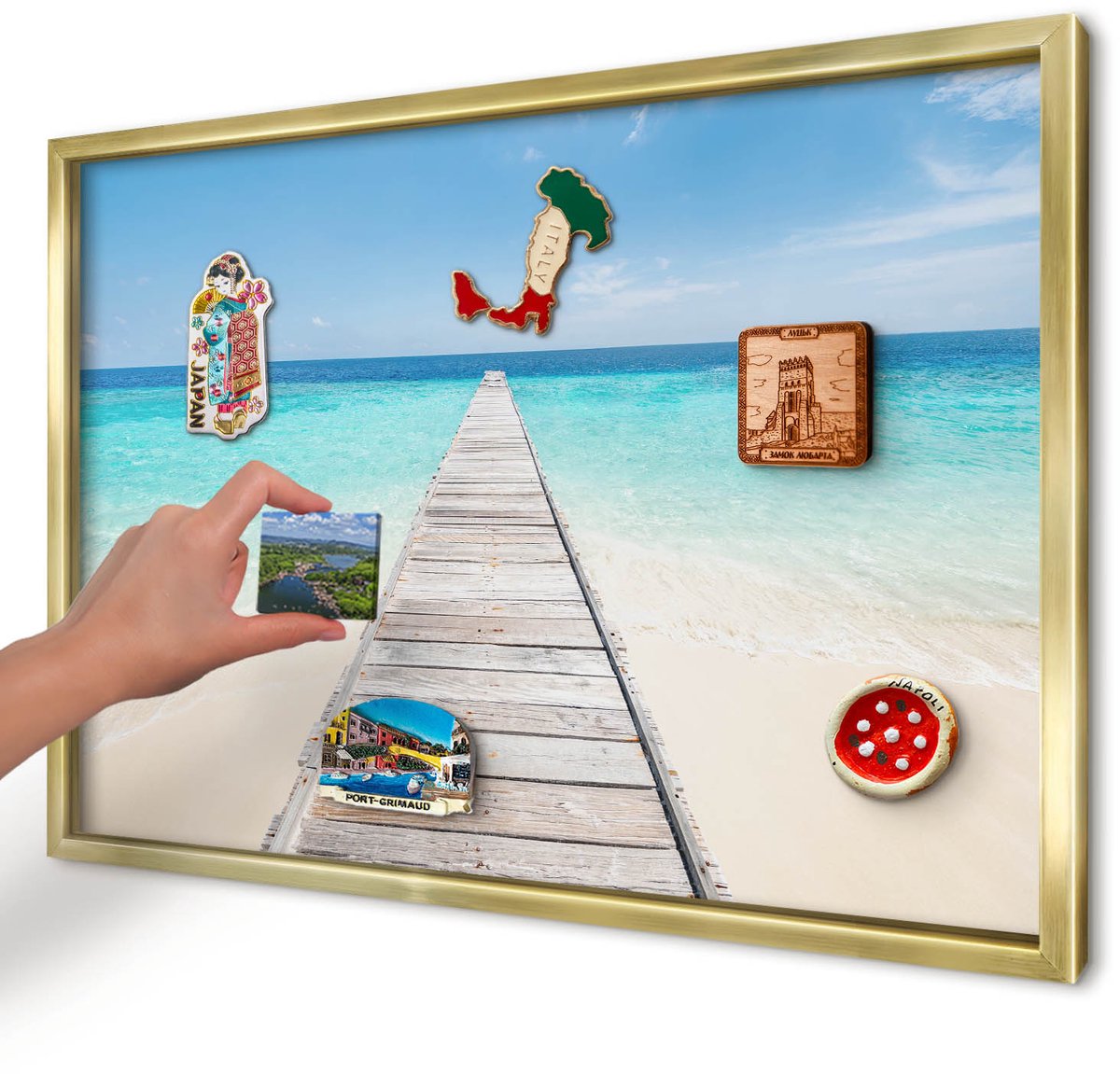 Artprintcave Blauw Magneetbord mit Gouden Frame - 60x40 cm - Ocean Pier Notitiebord - Minimalist Bord Voor Magneten - Landschappen