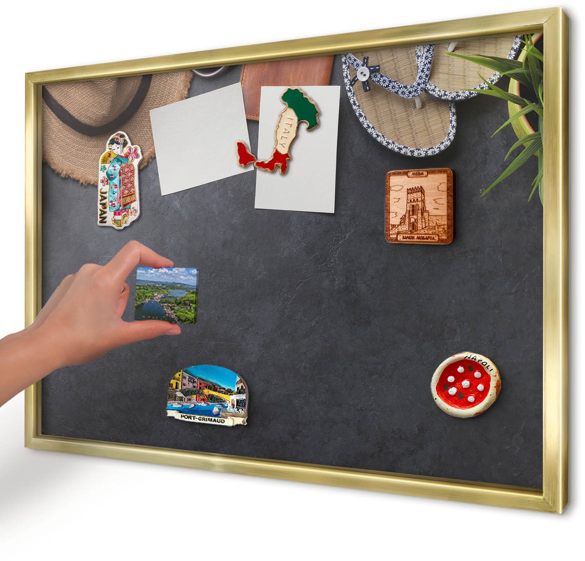 Artprintcave Zwart Magneetbord mit Gouden Frame - 60x40 cm - Vakantiesfeer Magnetische Organizer - Fotografisch Notitiebord - Hobby