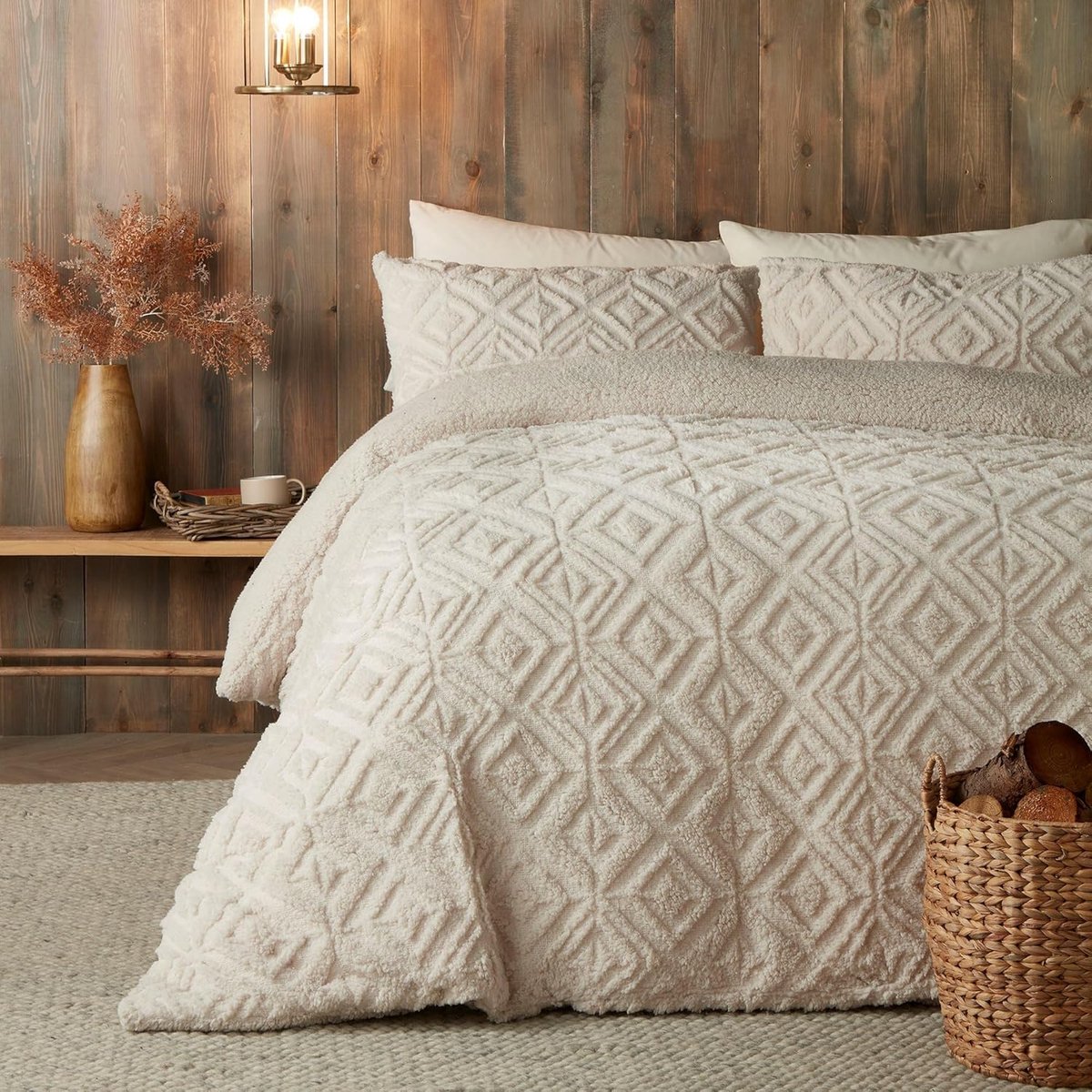 SnelShoppen - Teddy Fleece Dekbedovertrek in Natuurlijk Crème - Eenpersoons Bedlinnen (140 x 200 cm) - Omkeerbaar Design - Linnen Beige Jacquard Dekbe