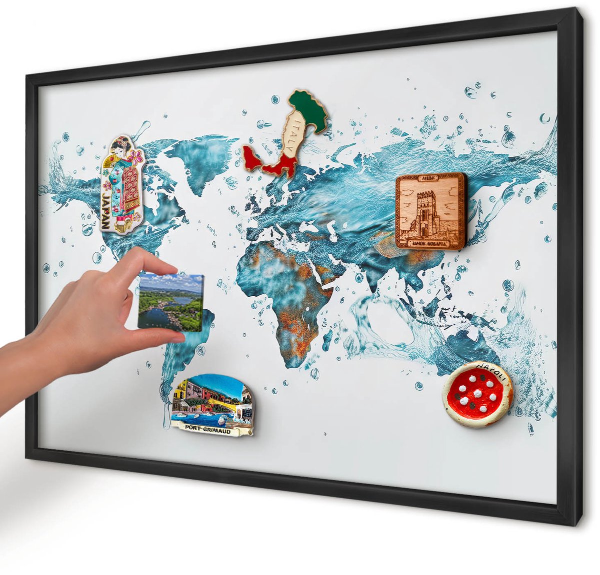 Artprintcave Turkoois Magneetbord mit Zwart Frame - 60x40 cm - Waterkaart Notitiebord - Abstract Magneet Bord mit Frame - Kaarten