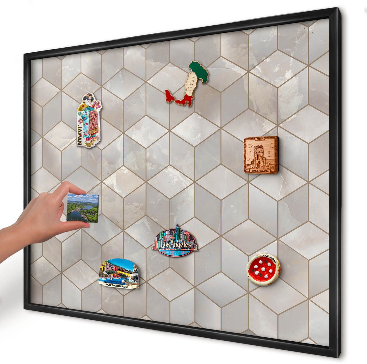 Artprintcave Beige Magneetbord mit Zwart Frame - 80x60 cm - Kubieke Achtergrond Memobord Keuken - Geometrische Magneet Bord mit Frame - Geometrie