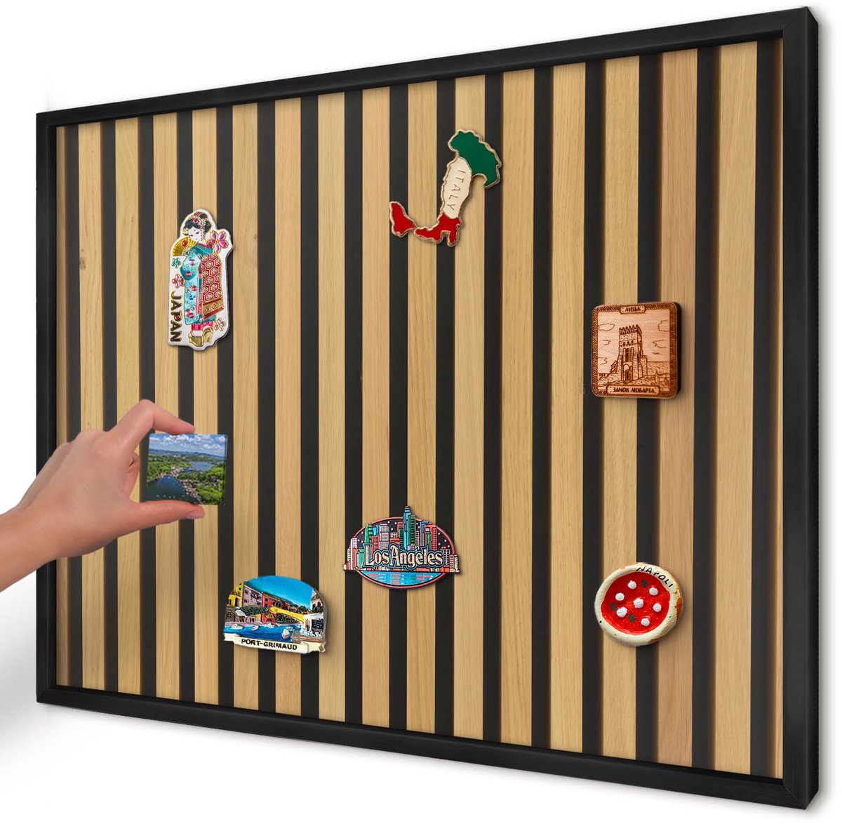 Artprintcave Bruin Magneetbord mit Zwart Frame - 70x50 cm - Houten Ritmes Magneetbord Voor Foto's - Minimalist Wandbord Magnetisch - Texturen