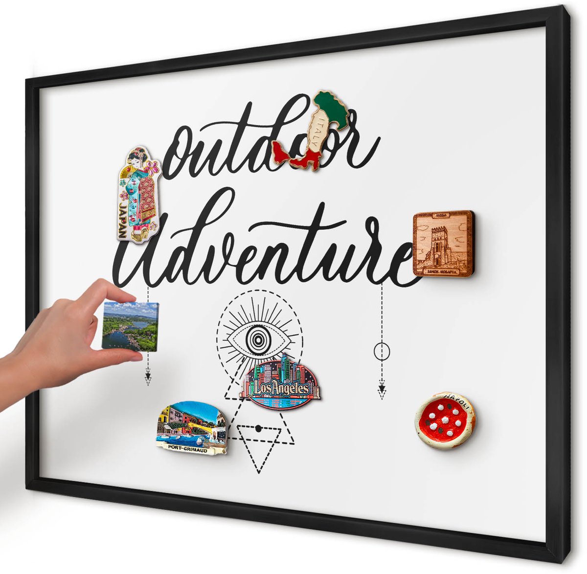 Artprintcave Wit Magneetbord mit Zwart Frame - 70x50 cm - Buitenavontuur Magneetbord Voor Foto's - Typografisch Memobord Keuken - Teksten