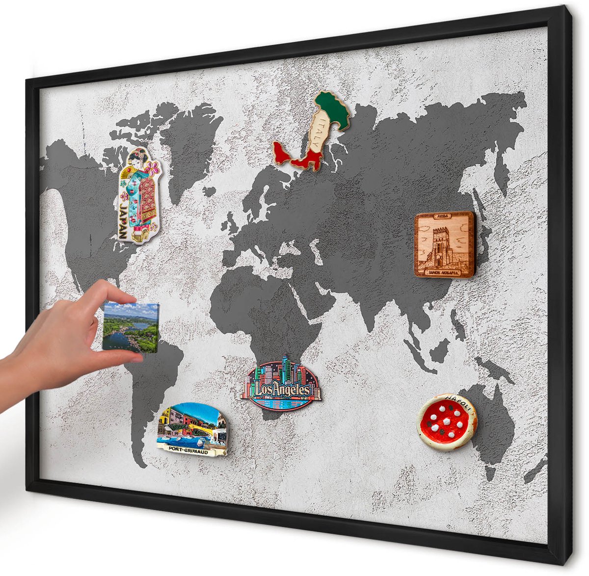 Artprintcave Wit Magneetbord mit Zwart Frame - 70x50 cm - Wereldkaart Magneet Bord mit Frame - Minimalist Wandbord Magnetisch - Kaarten
