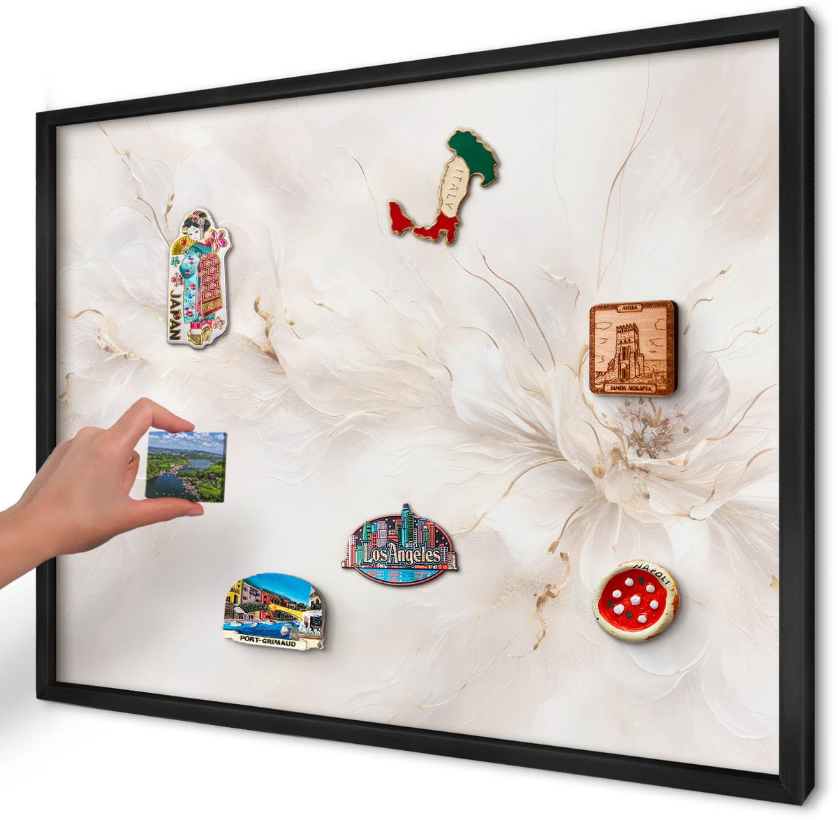 Artprintcave Romig Magneetbord mit Zwart Frame - 70x50 cm - Bloemige Elegantie Magneetbord Voor Keuken - Schilderachtig Notitiebord - Bloemen En Planten