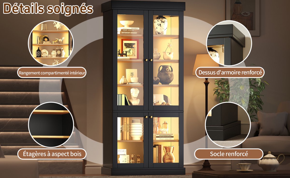 MIVRAY Vitrinekast - Hoge Kast Met Led Verlichting En Dubbele Glazen Deuren - Voor Woonkamer En Hal - MDF En Metaal - Zwart - 160x40x180 Cm