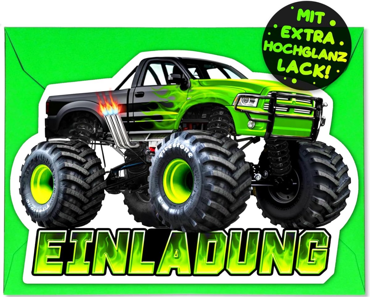 Uitnodigingskaarten Monster Truck - 12 stuks met Enveloppen - Voor Kinderfeestjes - Perfect voor Racethematiek - ShopVlot