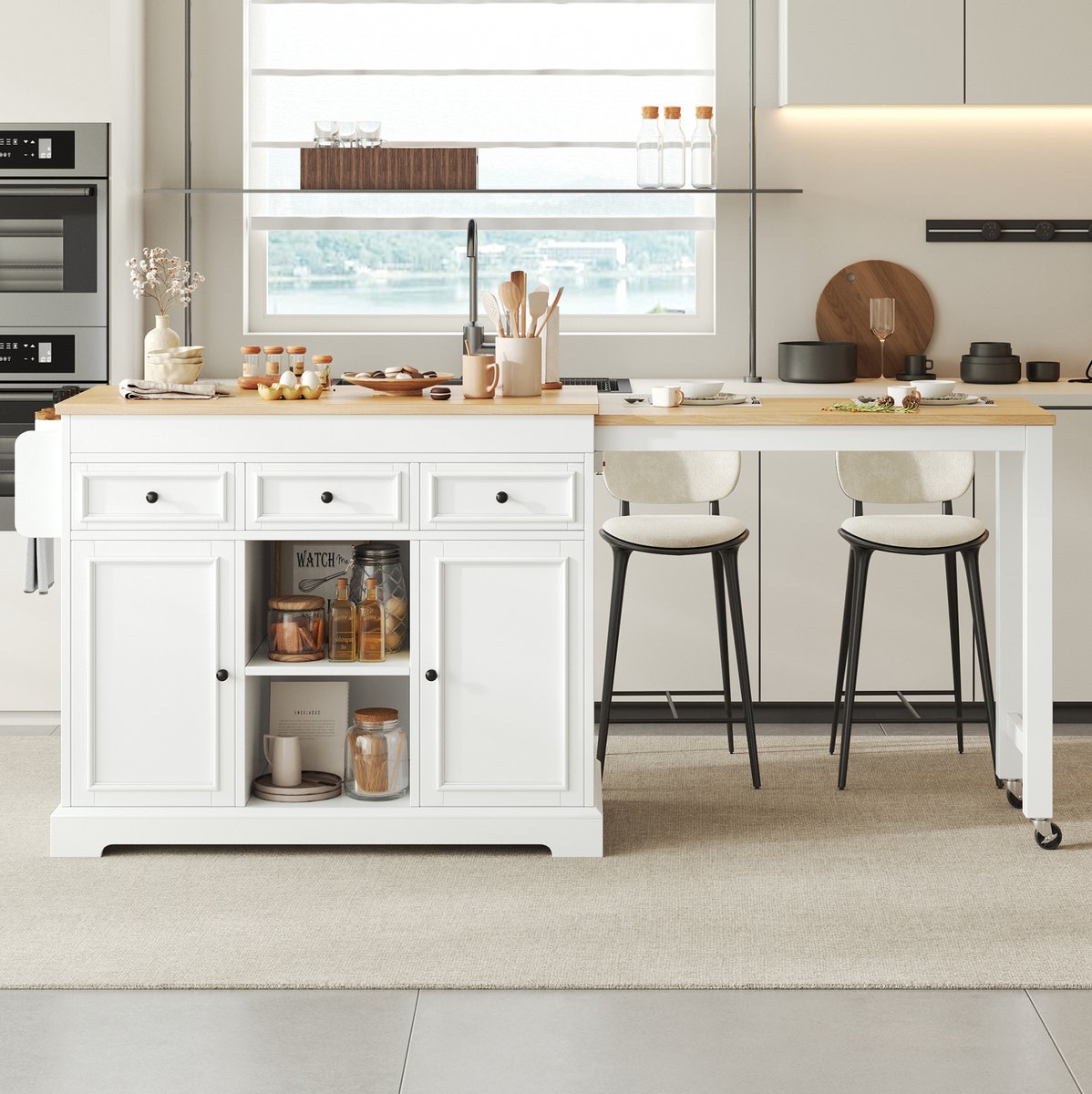 MIVRAY Keukenkast - Uitrekbare Keukeninsel Op Rollen Met Lades En Specerijenrek - Voor Keuken En Eetkamer - Wit Natuurlijk Hout