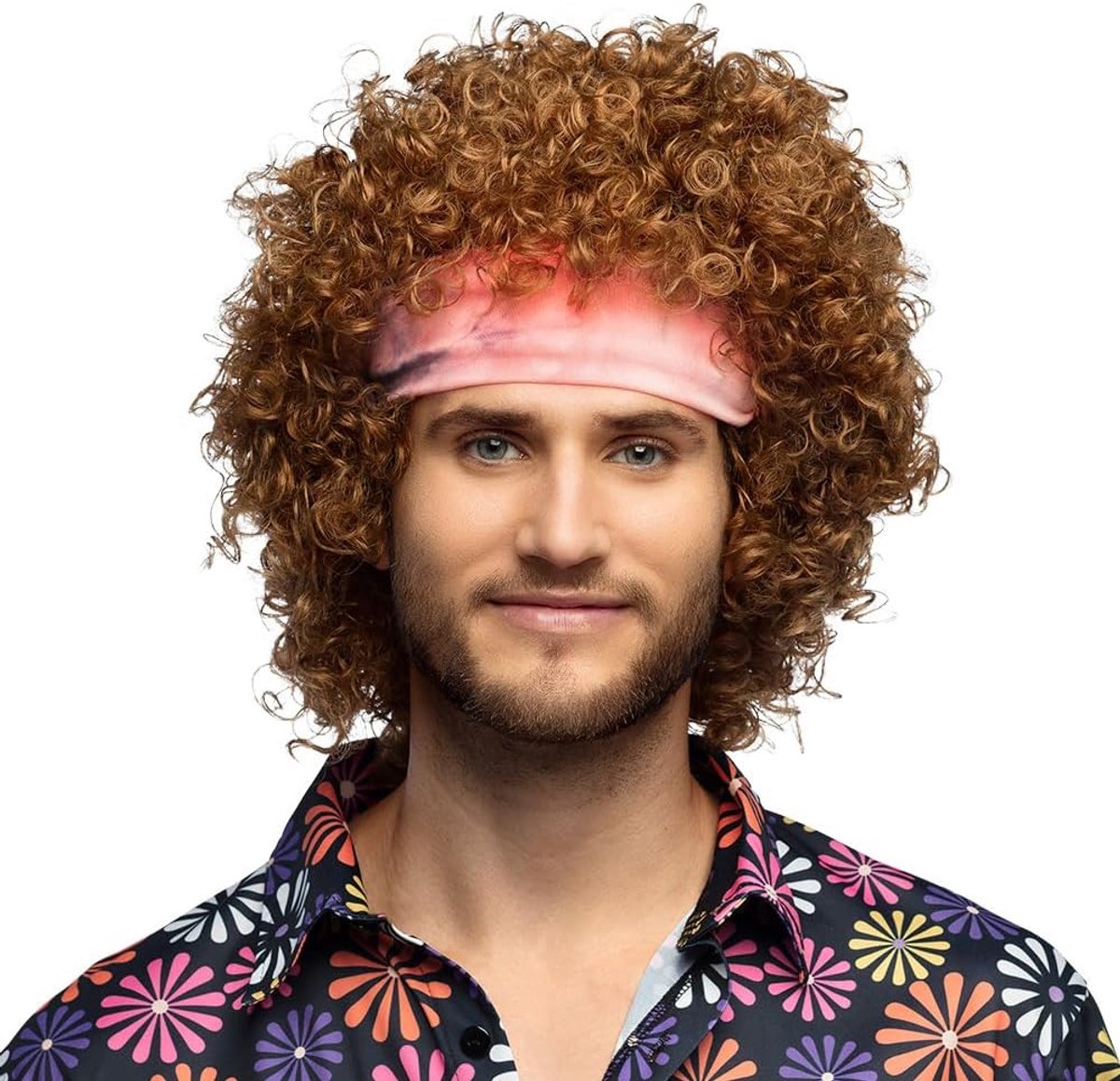 - 85715 - Pruik Hippie-Groove met hoofdband, kort met krullen, accessoires voor carnavalskleding, 70's en 80's themafeest