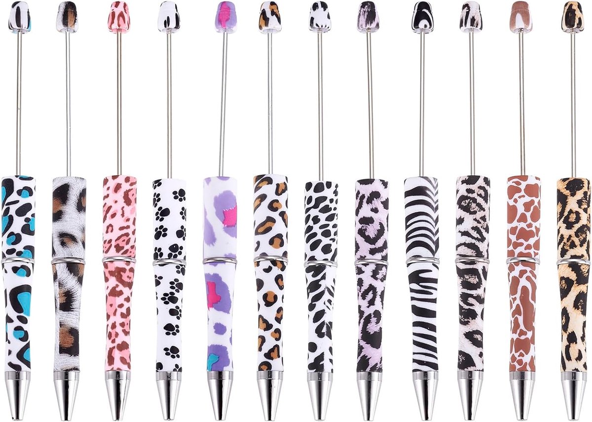 12 Stuks Luipaardprint Kralen Pennen Plastic Balpen Zebra Gedrukt Diy Gepersonaliseerde Pen Koe Patronen Voor Kantoorbenodigdheden Levert, Kleurrijk
