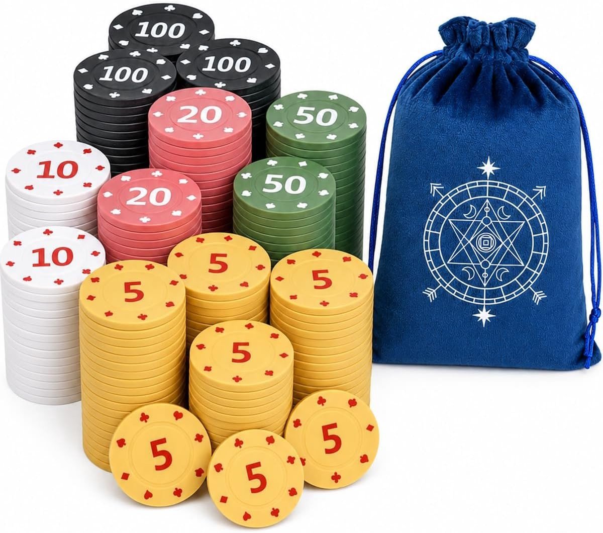 Complete Pokerchipset met 120 Chips in 5 Kleuren, Inclusief Blauw Fluwelen Zakje voor Texas Hold'em en Blackjack Spellen, Ideaal voor Spelavonden en Feestjes