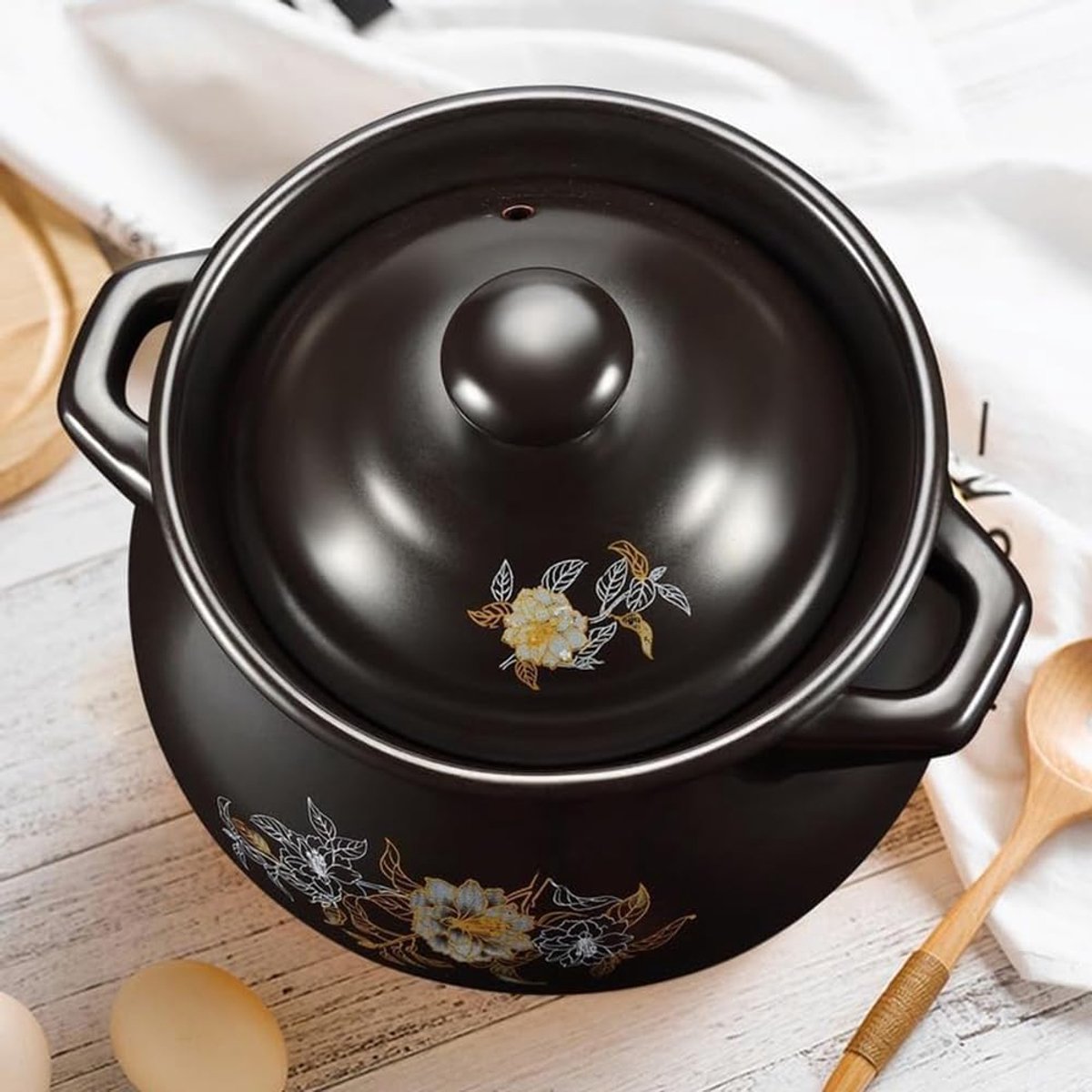 Keramische Stoofpot - Braadpan Rijstkoker - Gerechten Bereiden - Hittebestendig Materiaal - 2.5L - Zwart – foto 2